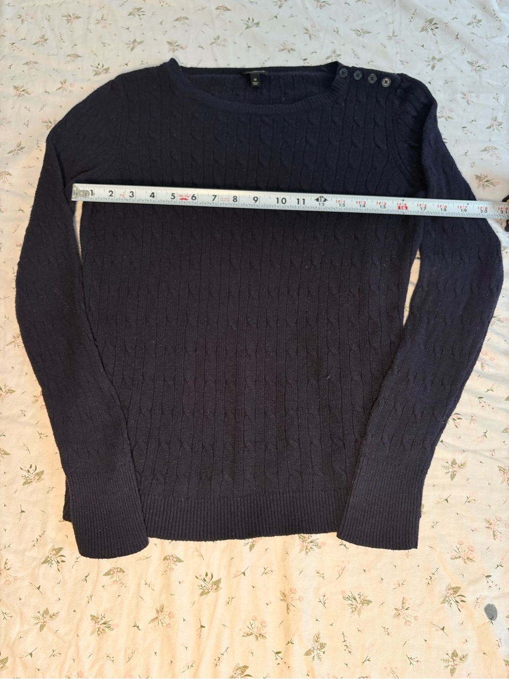 Talbots Navy Cable-Knit Crewneck Sweater with Shoulder Buttons